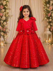 Red Scuba and Embroidered Net Ball Gown