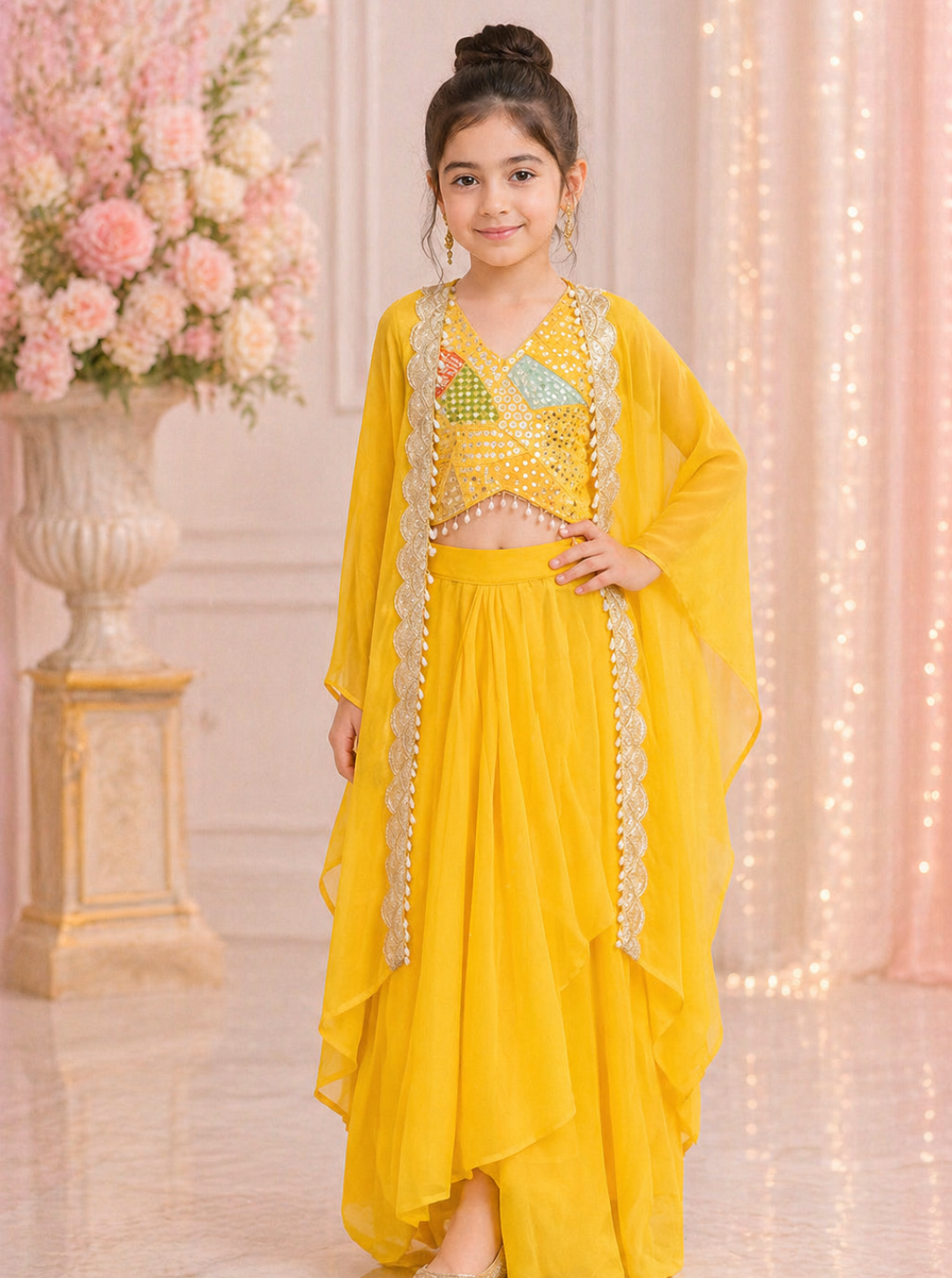 Yellow Dhoti Pattern Indo Western Coord Set With Cape
