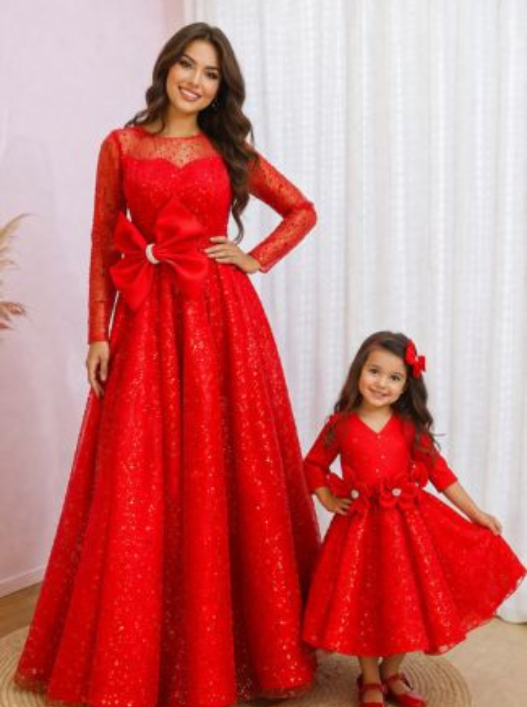 Red Embroidered Mom and Daughter Combo Set