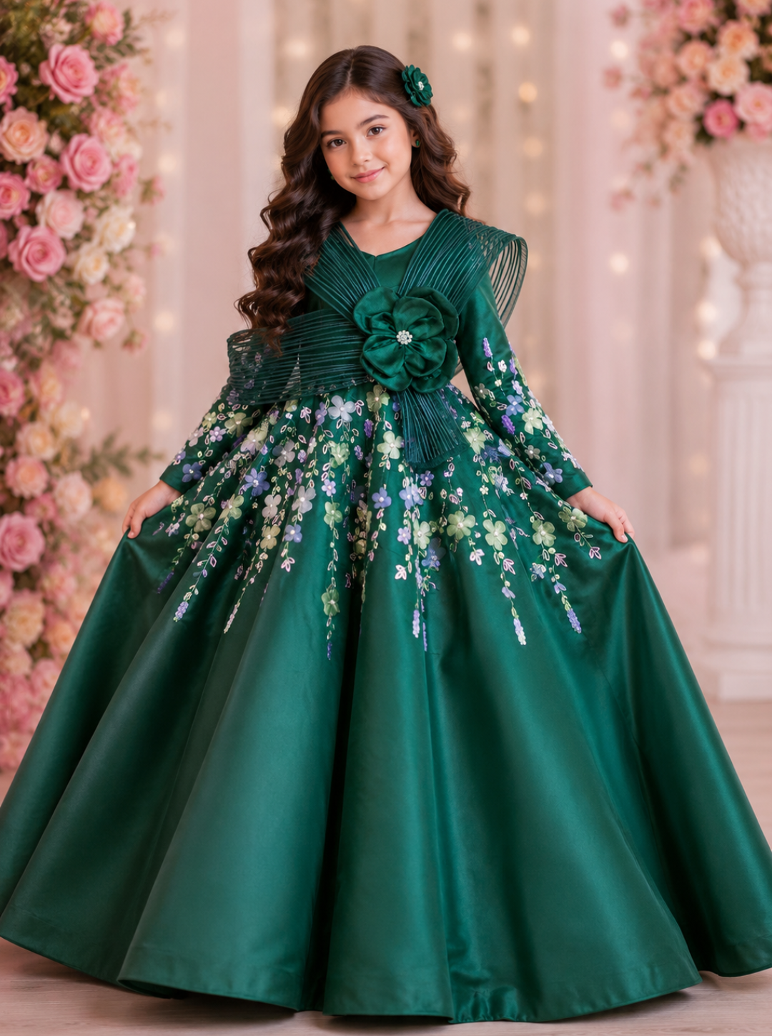 Bottle Green Hand Embroidered Ball Gown