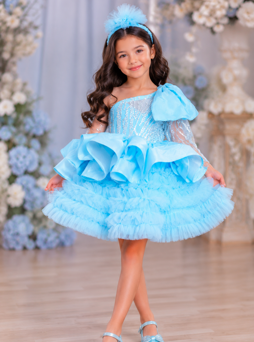 Sky Blue Blossom Princess Trail Dress