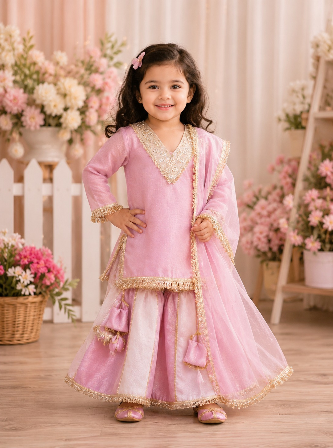 Pink and White Pure Organza Sharara Suit with Potli Bag