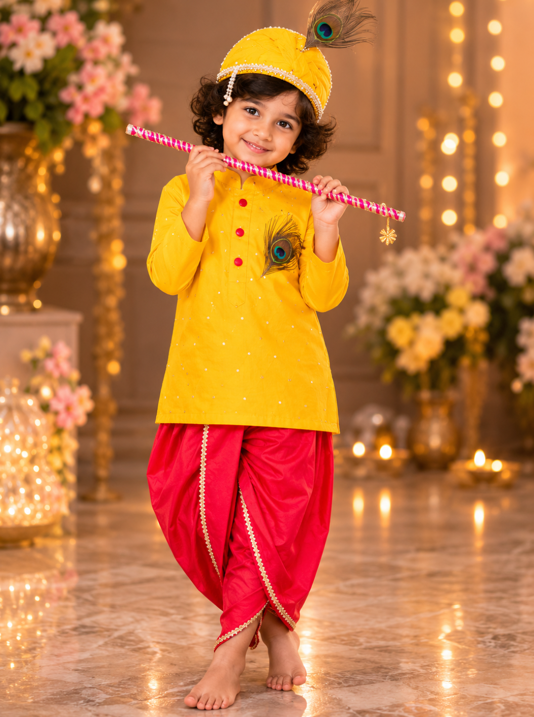Yellow and Pink Krishna Outfit