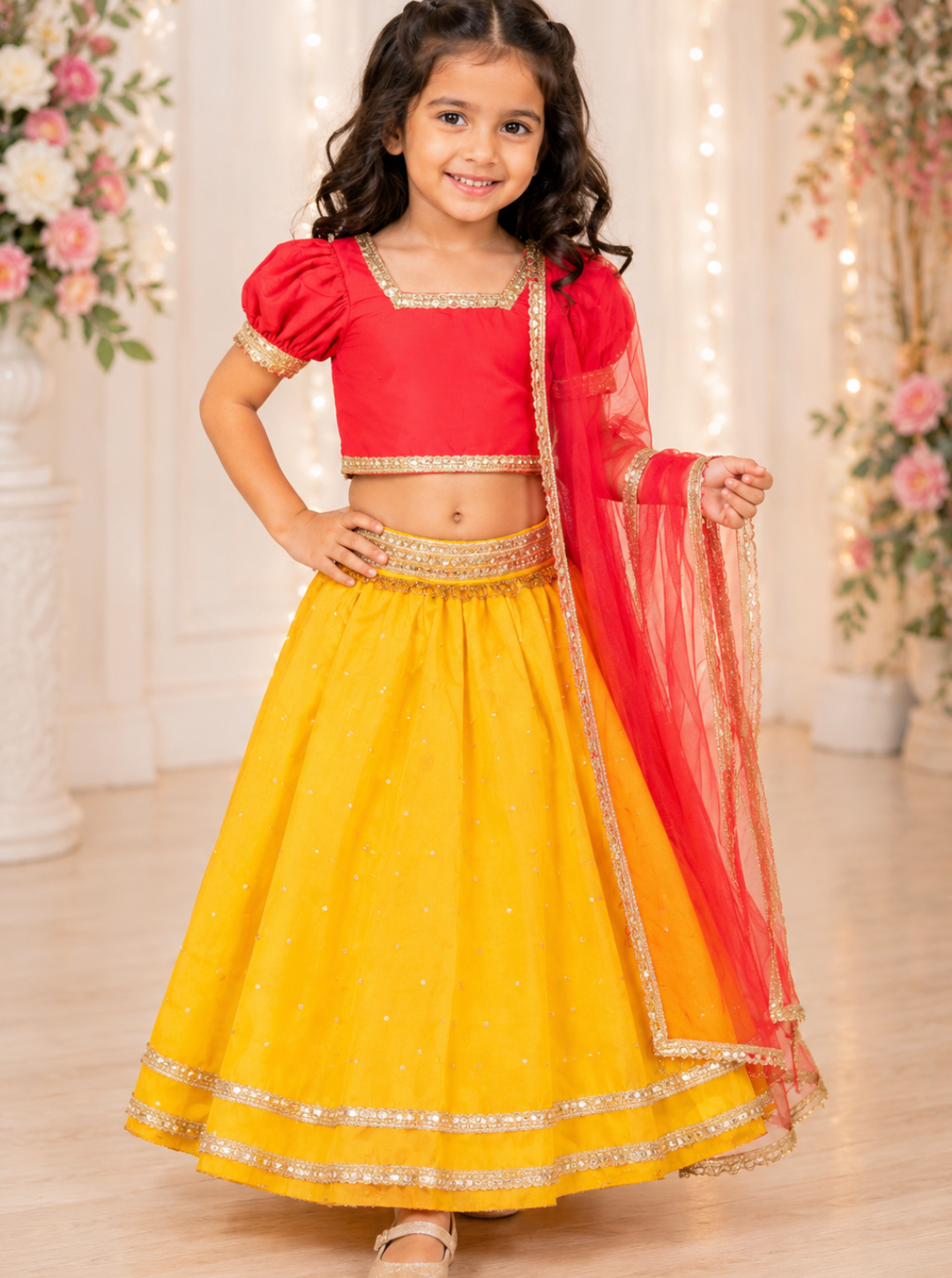 Yellow and Pink Silk Lehenga