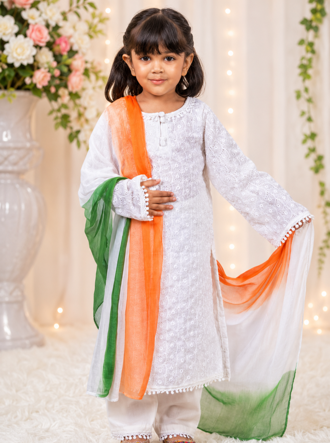 White Chikankari Kid suit with Tiranga Dupatta