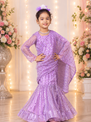 Lavender Shade Pre Draped Saree with Stitched Blouse for Kids
