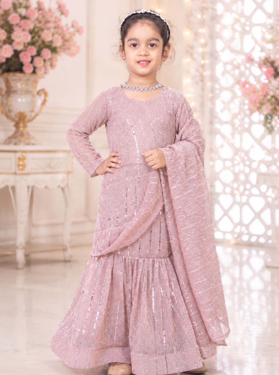 Nude Pink Shade Pre Draped Saree with Stitched Blouse for Kids