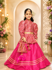 Pink Embroidered Peplum Top and Skirt Set
