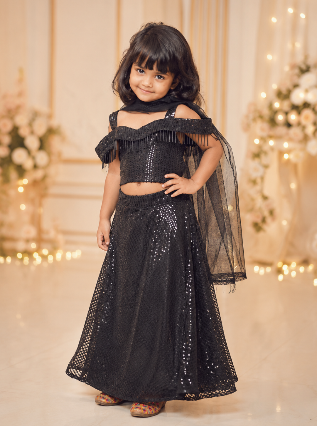 Black Imported Sequins Lehenga For Kids