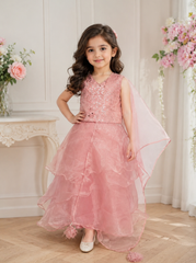 Onion Pink Embroidered Net Lehenga For Kids