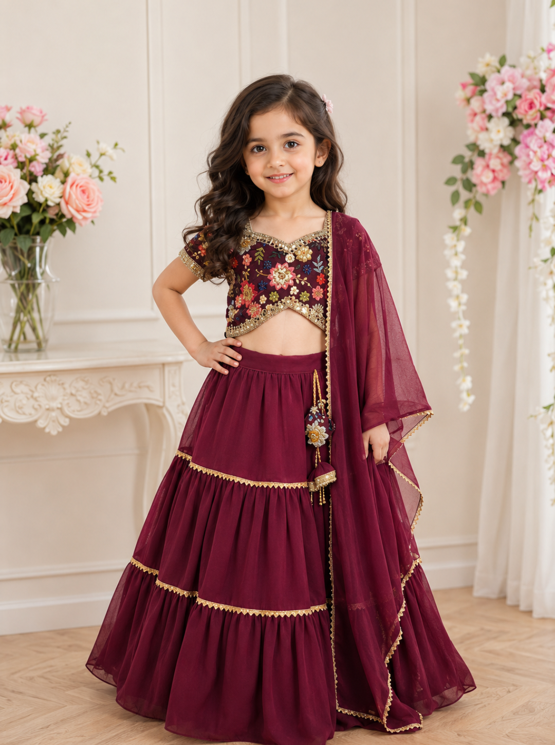 Wine Embroidered Georgette Lehenga For Kids