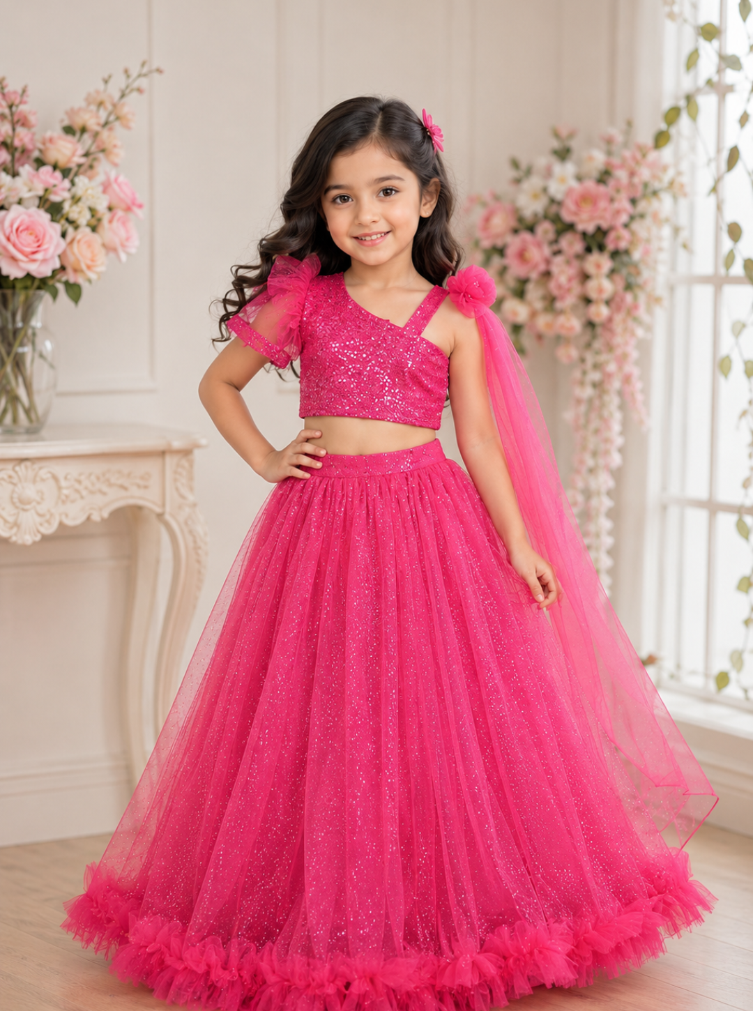 Pink Shimmer Net Lehenga
