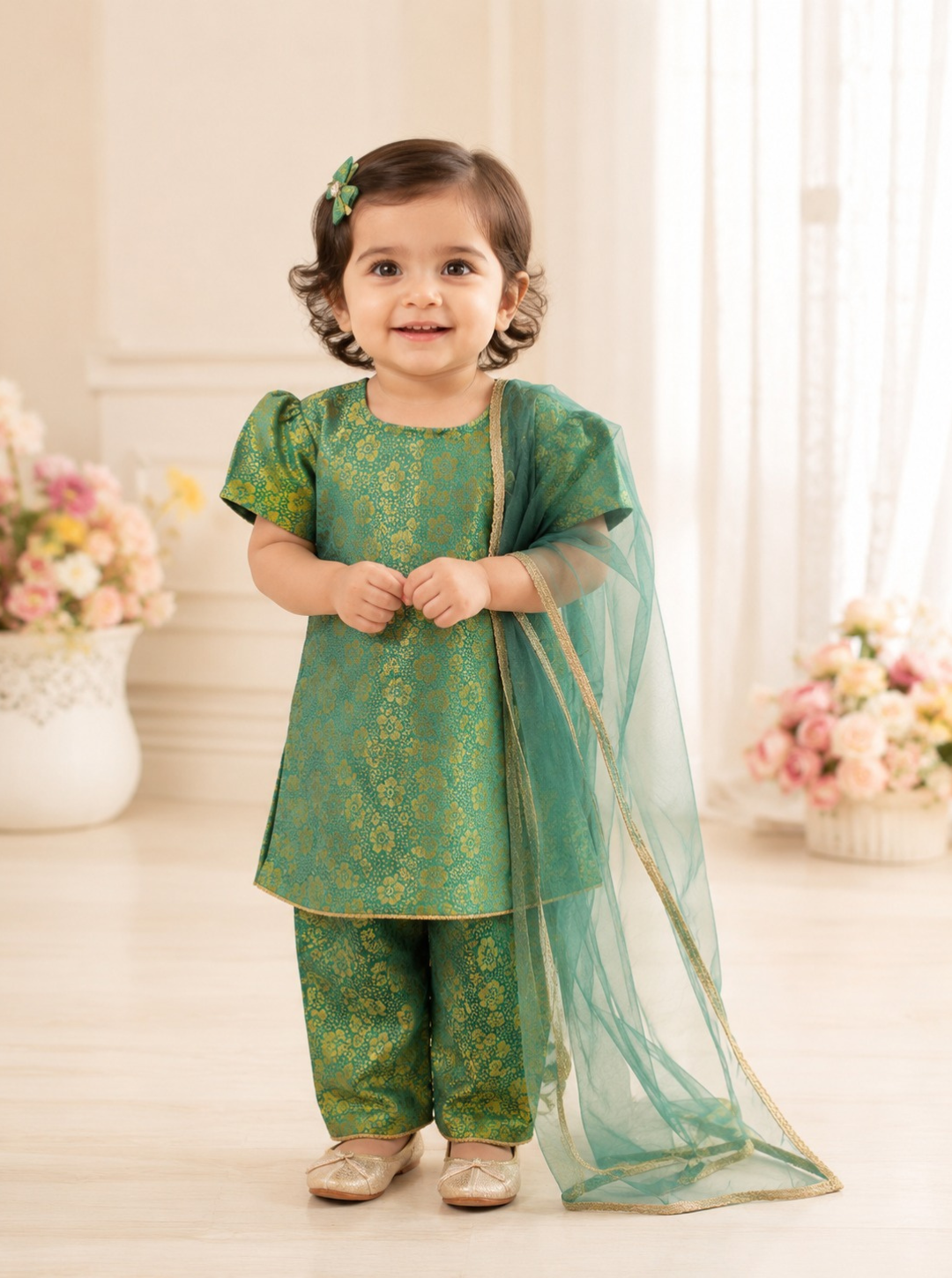 Bottle Green Brocade Kurta Pant Set With Dupatta