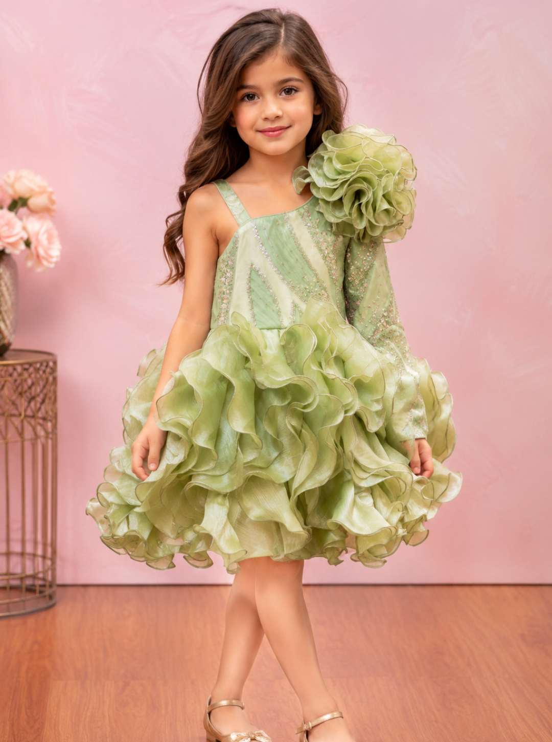 Pista Green Ruffled Organza Dress