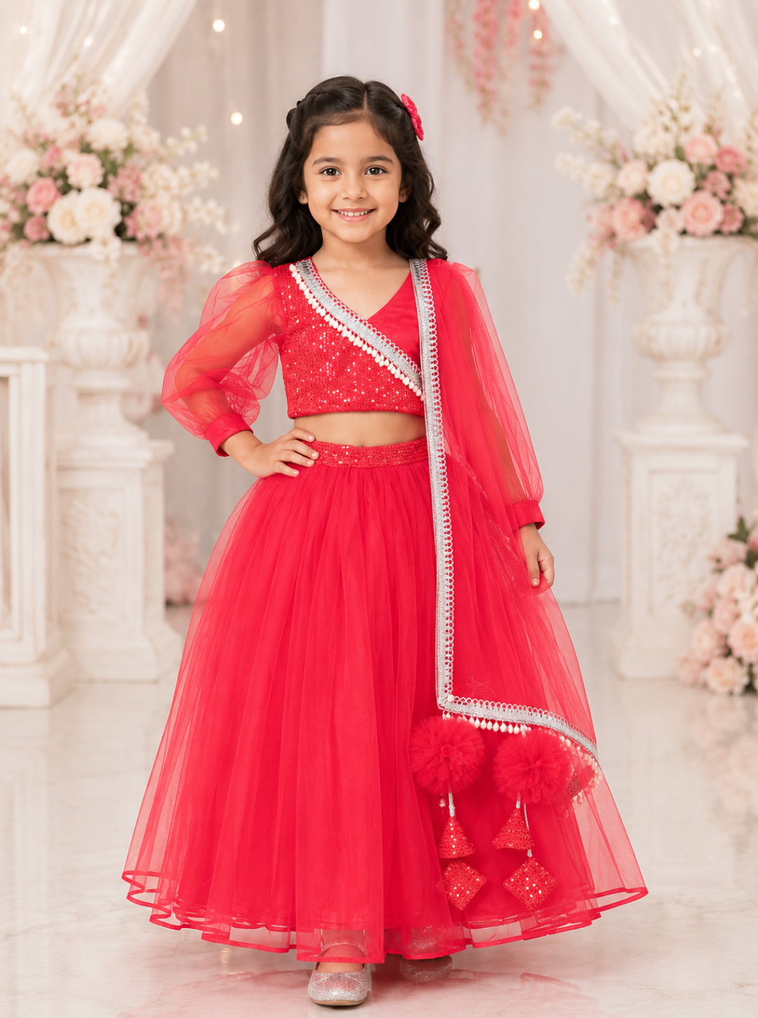 Red Net and Sequins Lehenga