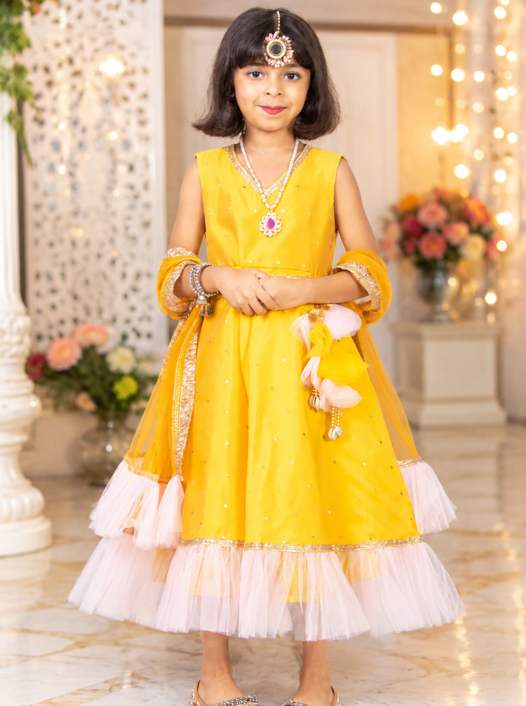 Yellow Anarkali with Net Dupatta and Belt
