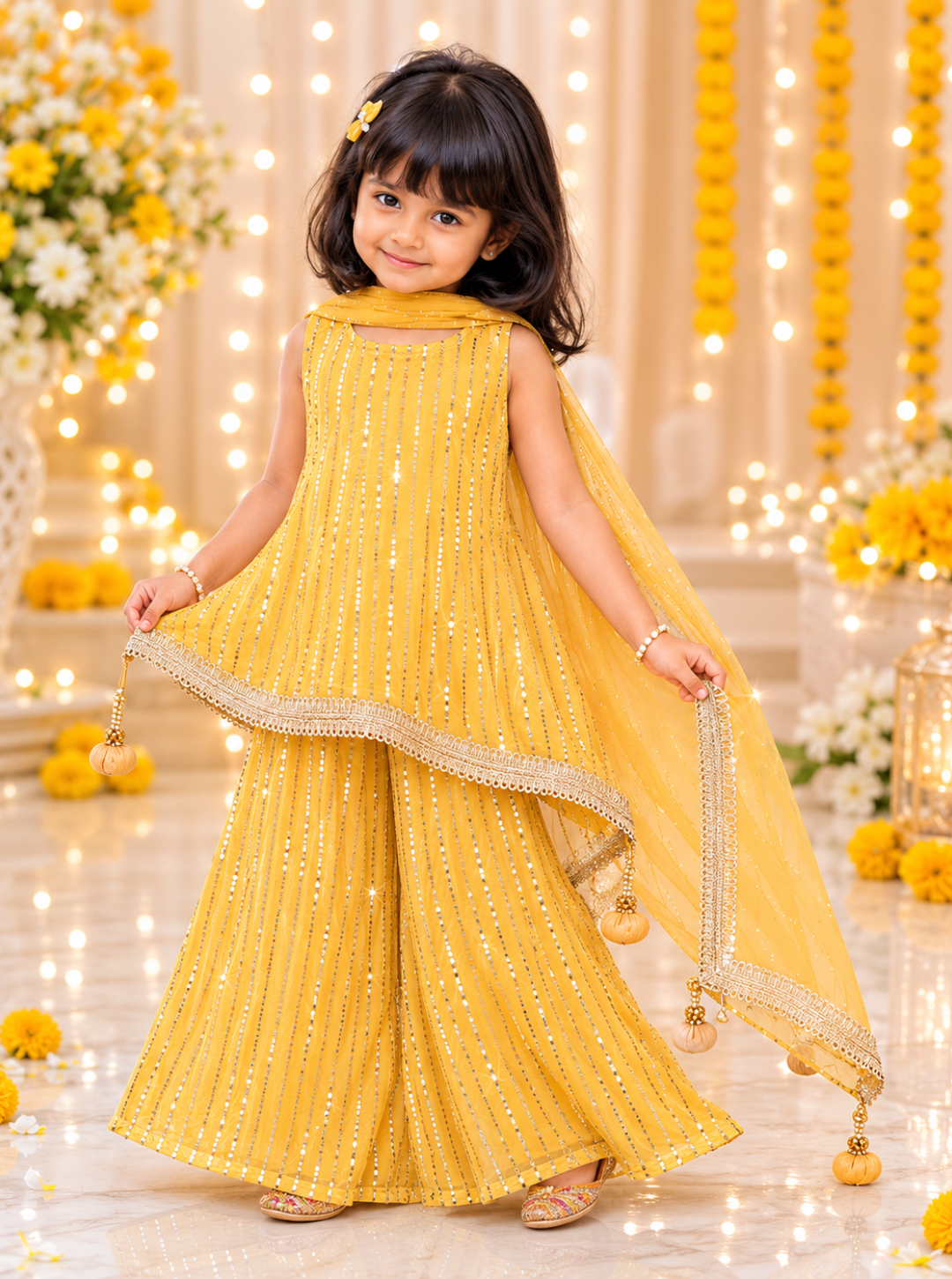 Yellow Sequins Work Kurta Palazzo Set