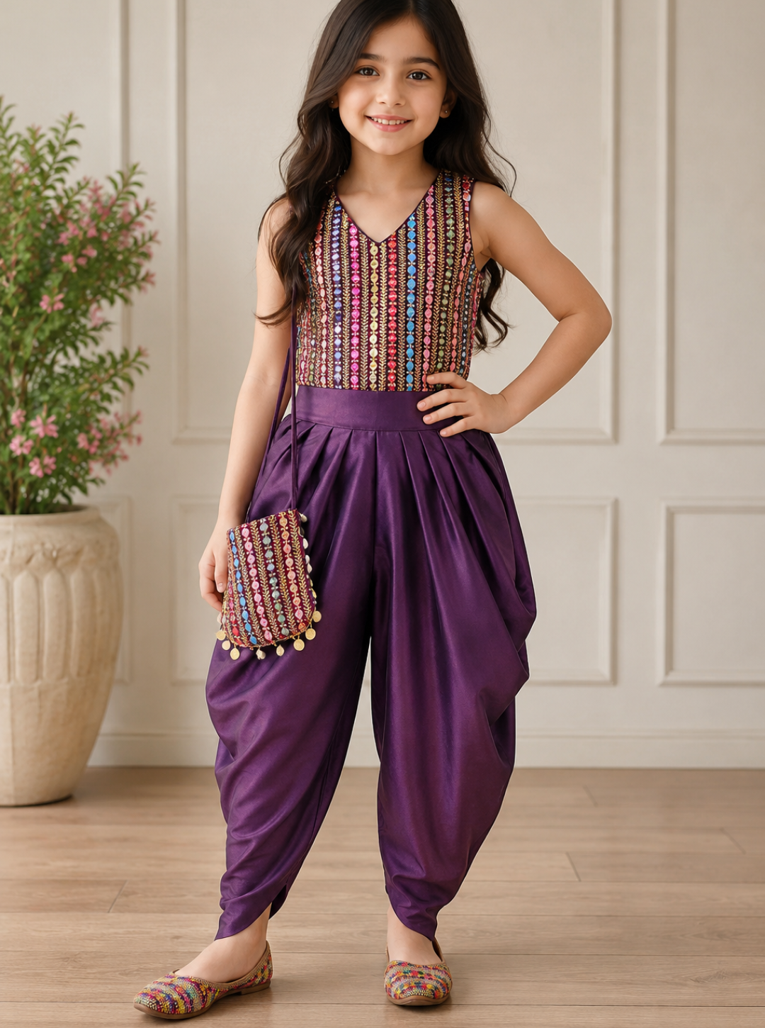 Wine Tulip Pant Coord set with Matching Bag