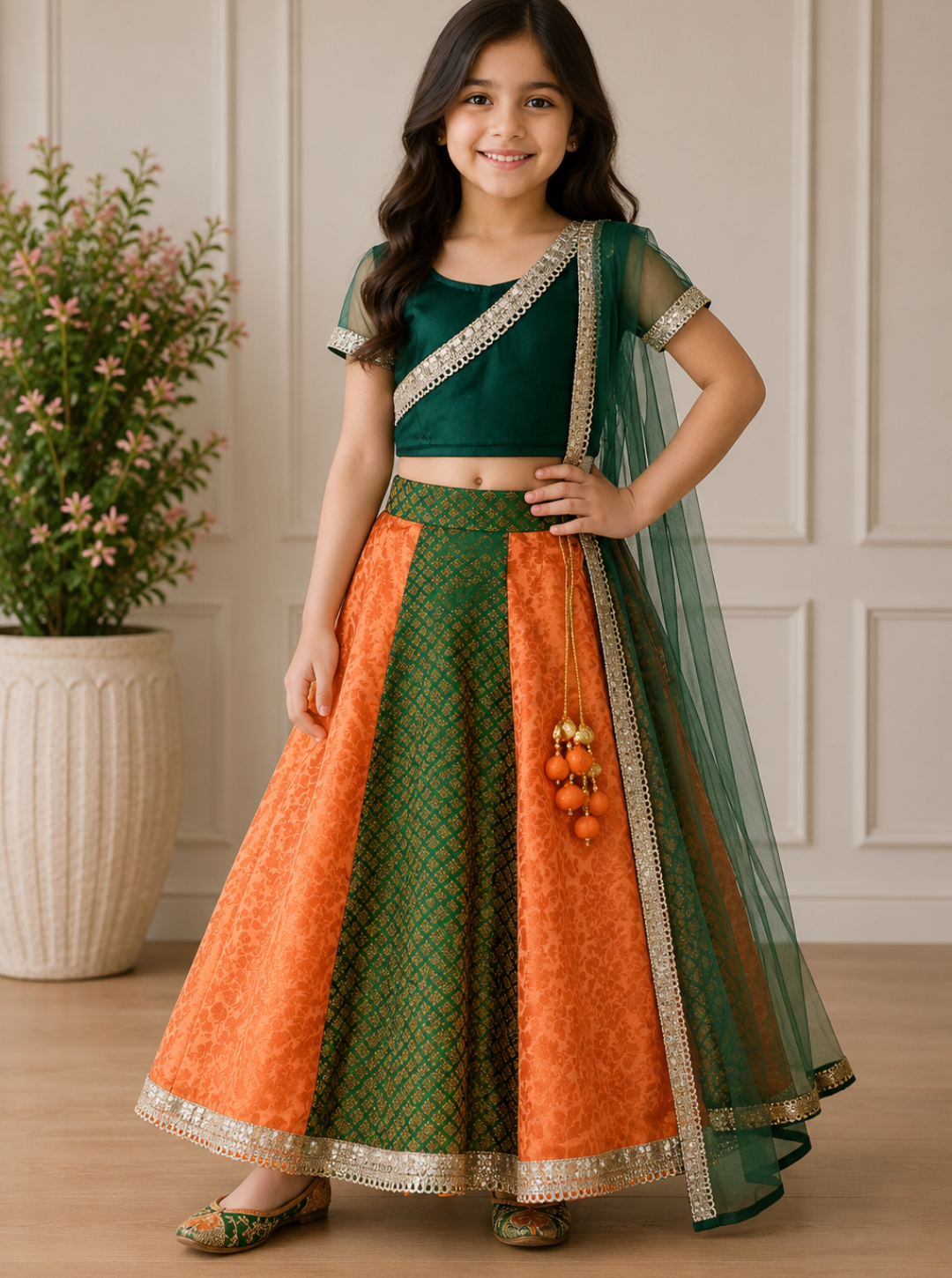 Green And Peach Kids Skirt Top Set