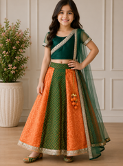 Green And Peach Kids Skirt Top Set