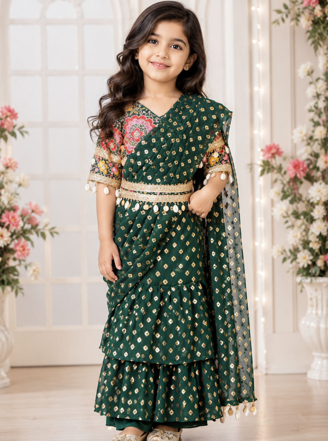 Bottle Green Pre Draped Ethnic Saree