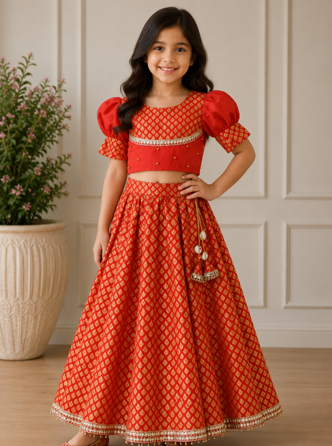 Red Brocade Kids Skirt Top Set