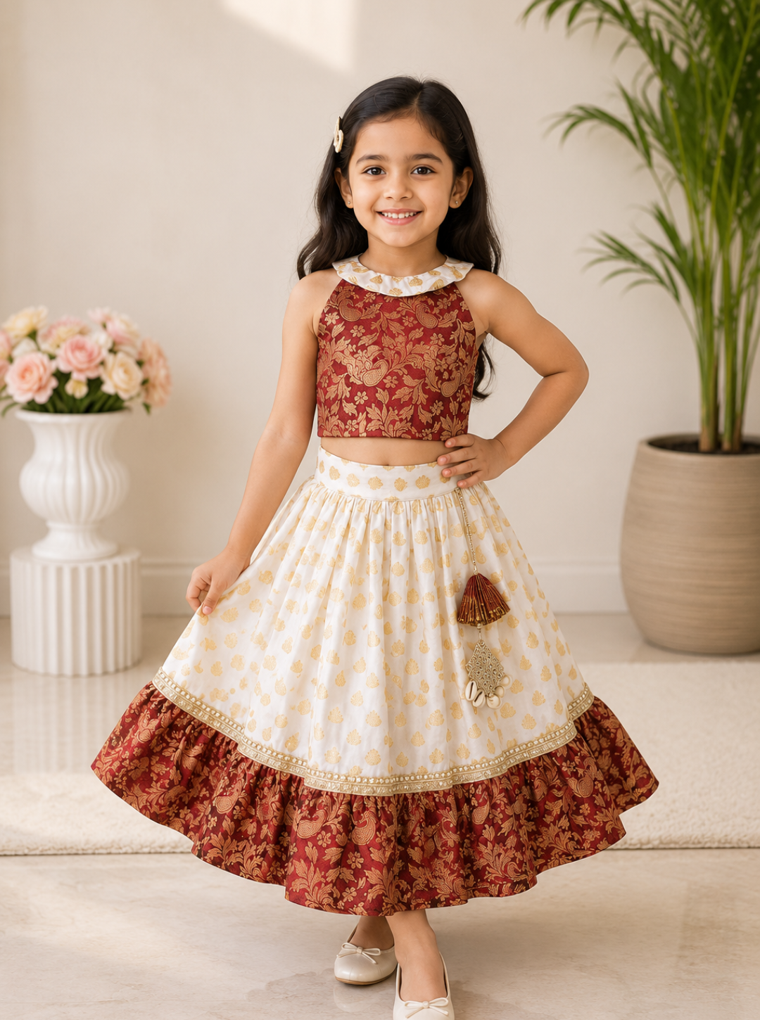 Maroon And White Kids Skirt Top Set