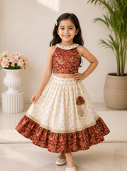 Maroon And White Kids Skirt Top Set