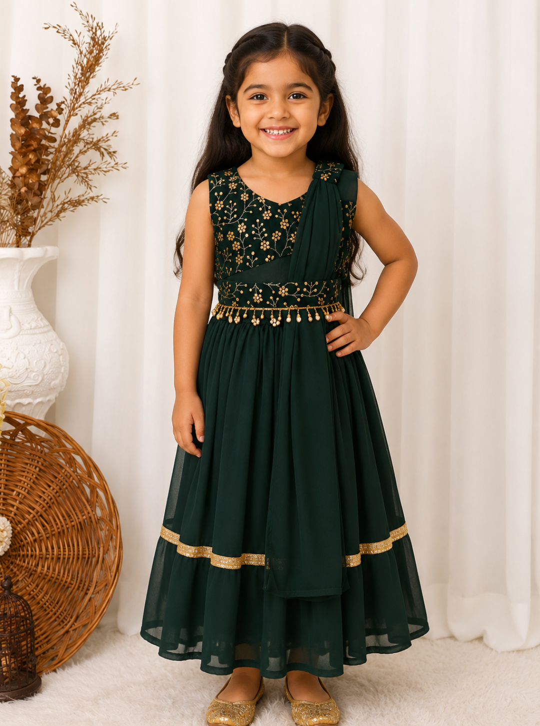 Mehendi Special Kids Green Georgette Lehenga Set