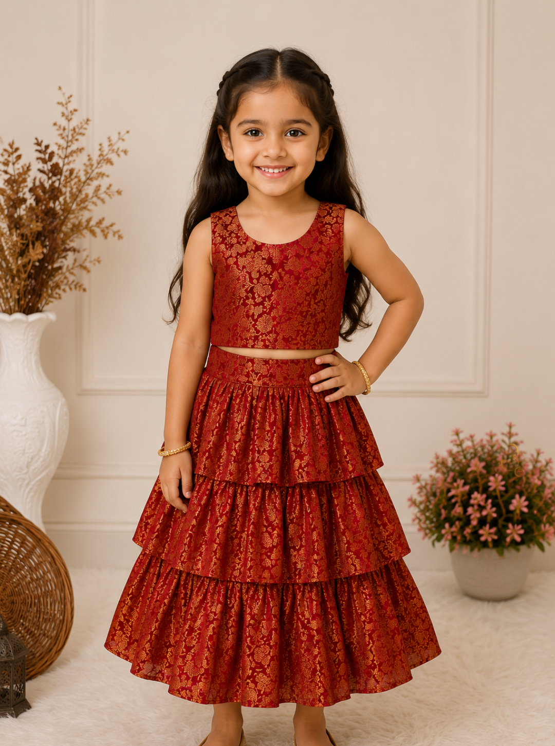 Beautiful Wine Brocade Skirt Top Set