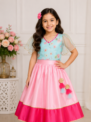 Blue organza and pink top tafetta silk skirt set