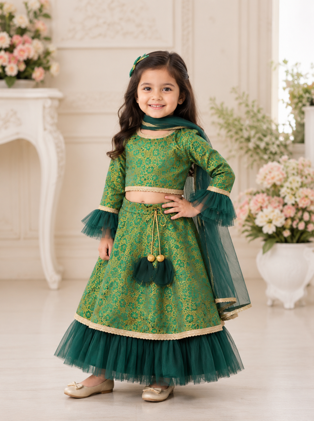 Bottle Green Brocade and Net Lehenga