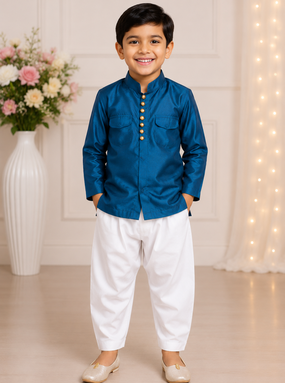 Teal Blue Kurta with White Pajama