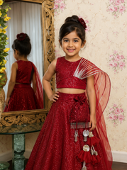Maroon Sequins And Net Lahenga With Potli Bag and Hairband