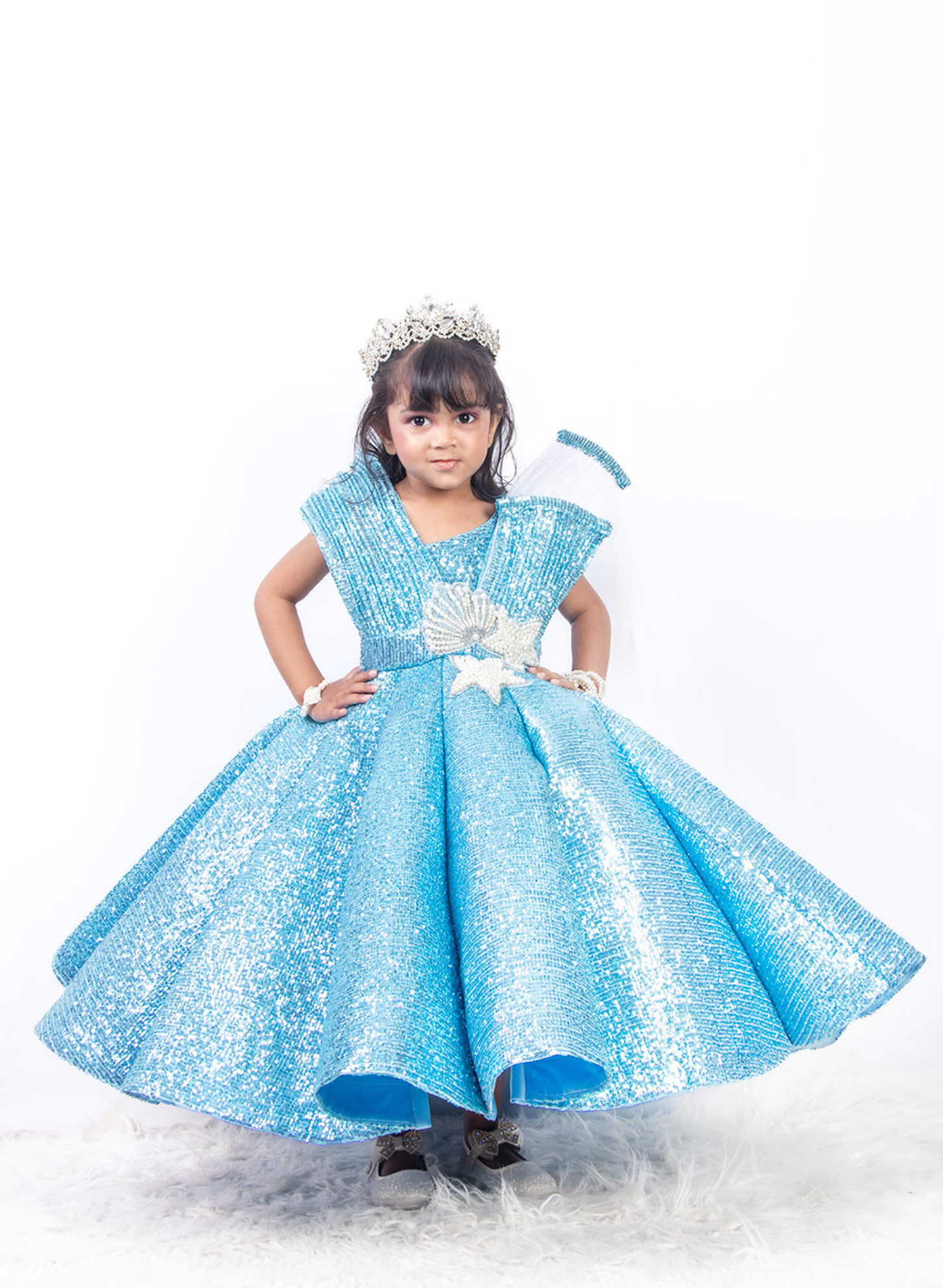 Sky Blue Ball Gown with Pearls Patch Work