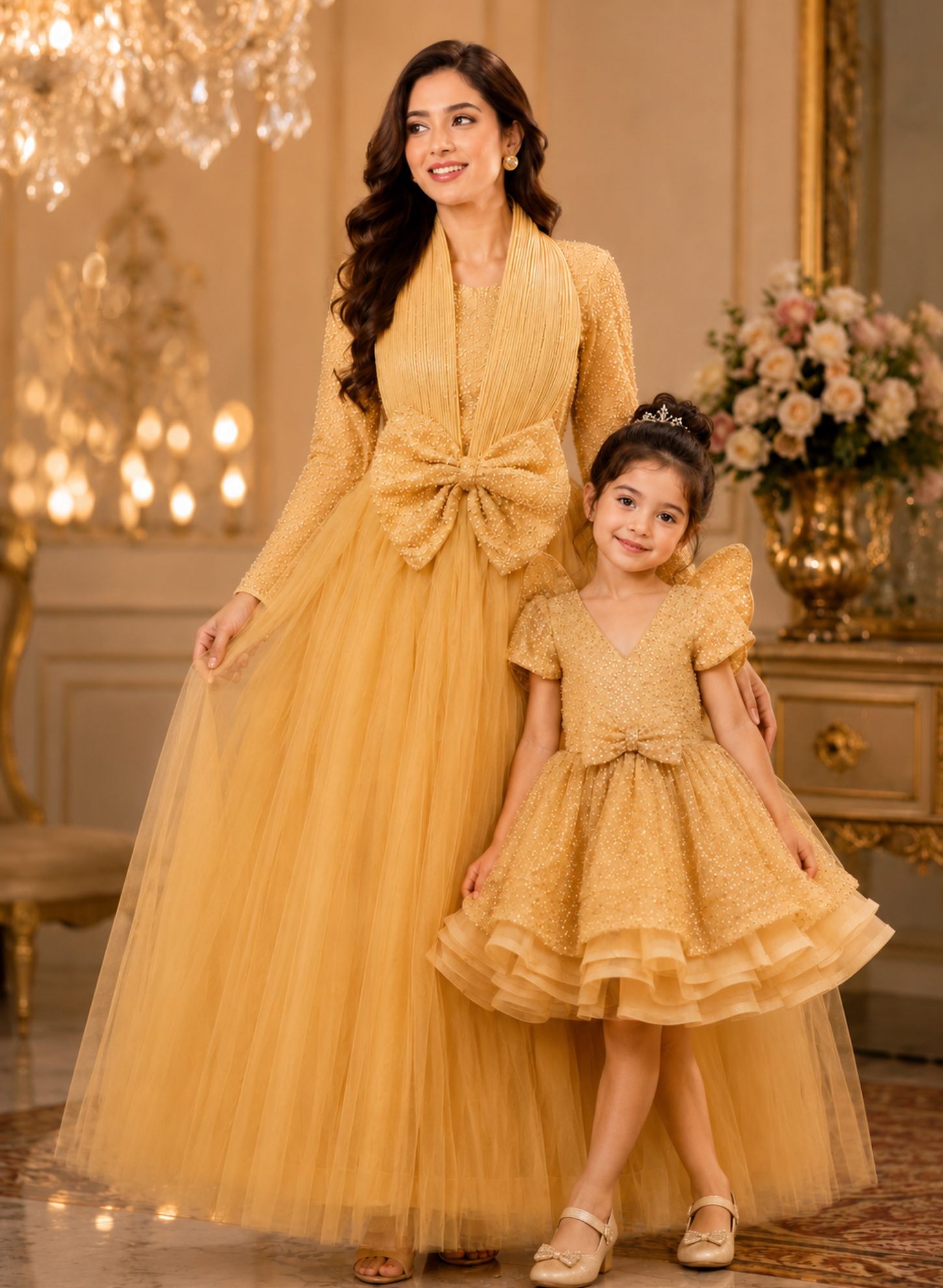 Golden Glamour Bow Mother & Daughter Gown Set