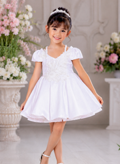 White Pearl Embroidered Satin Dress with Trail