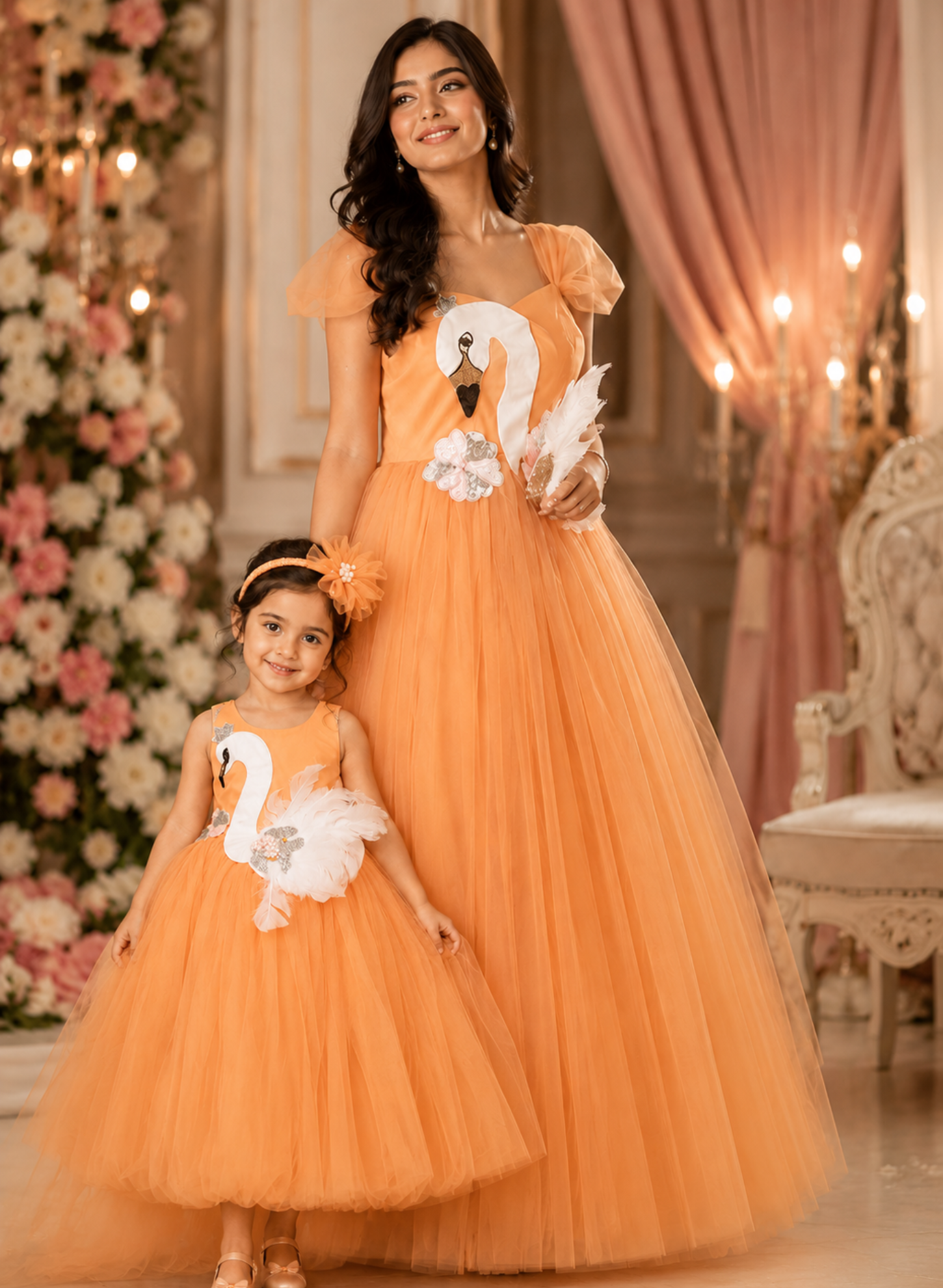 Peach Swan Theme Mother and Daughter Matching Gown Set
