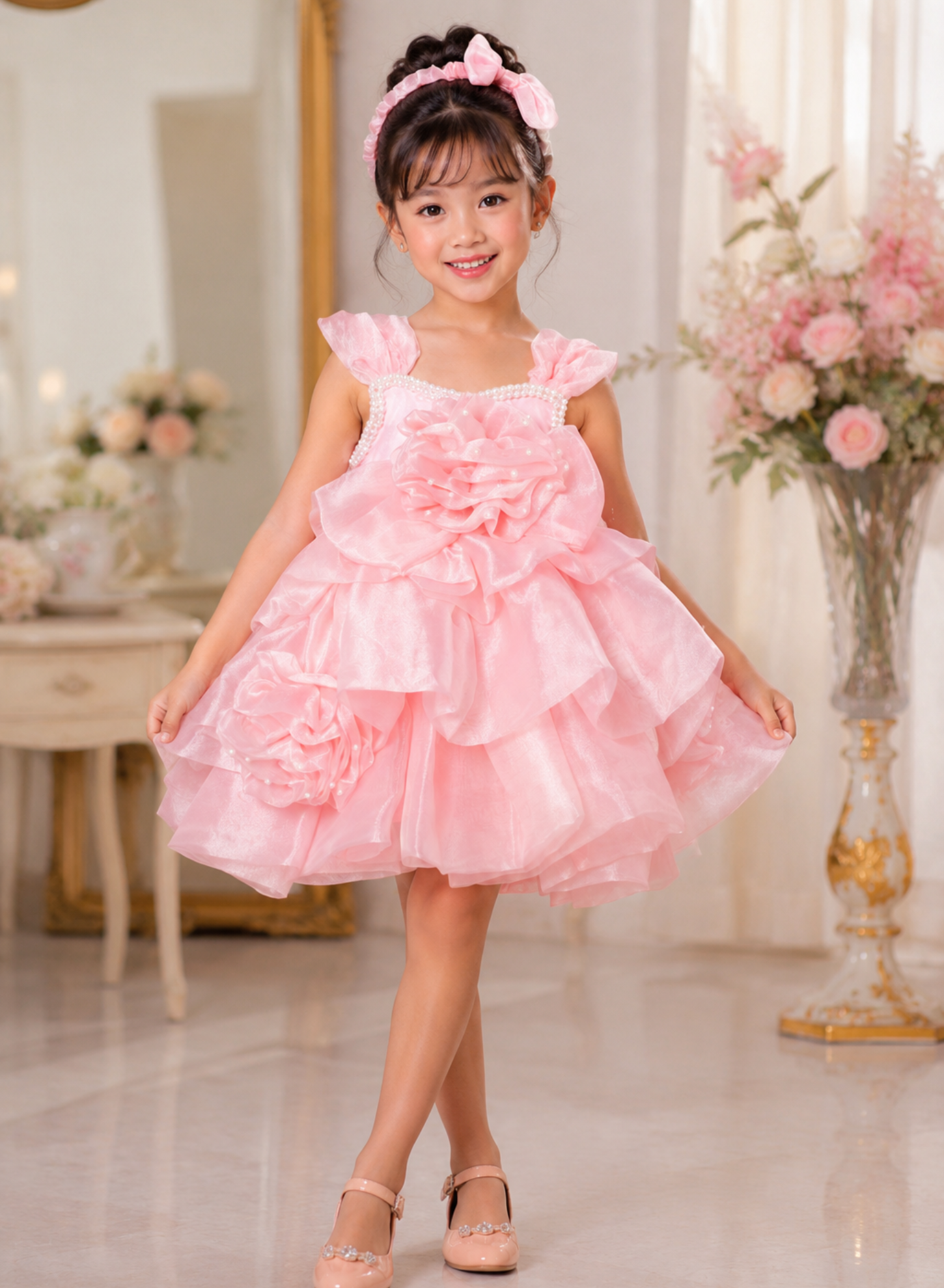 Baby Pink Organza 3D Flower Dress