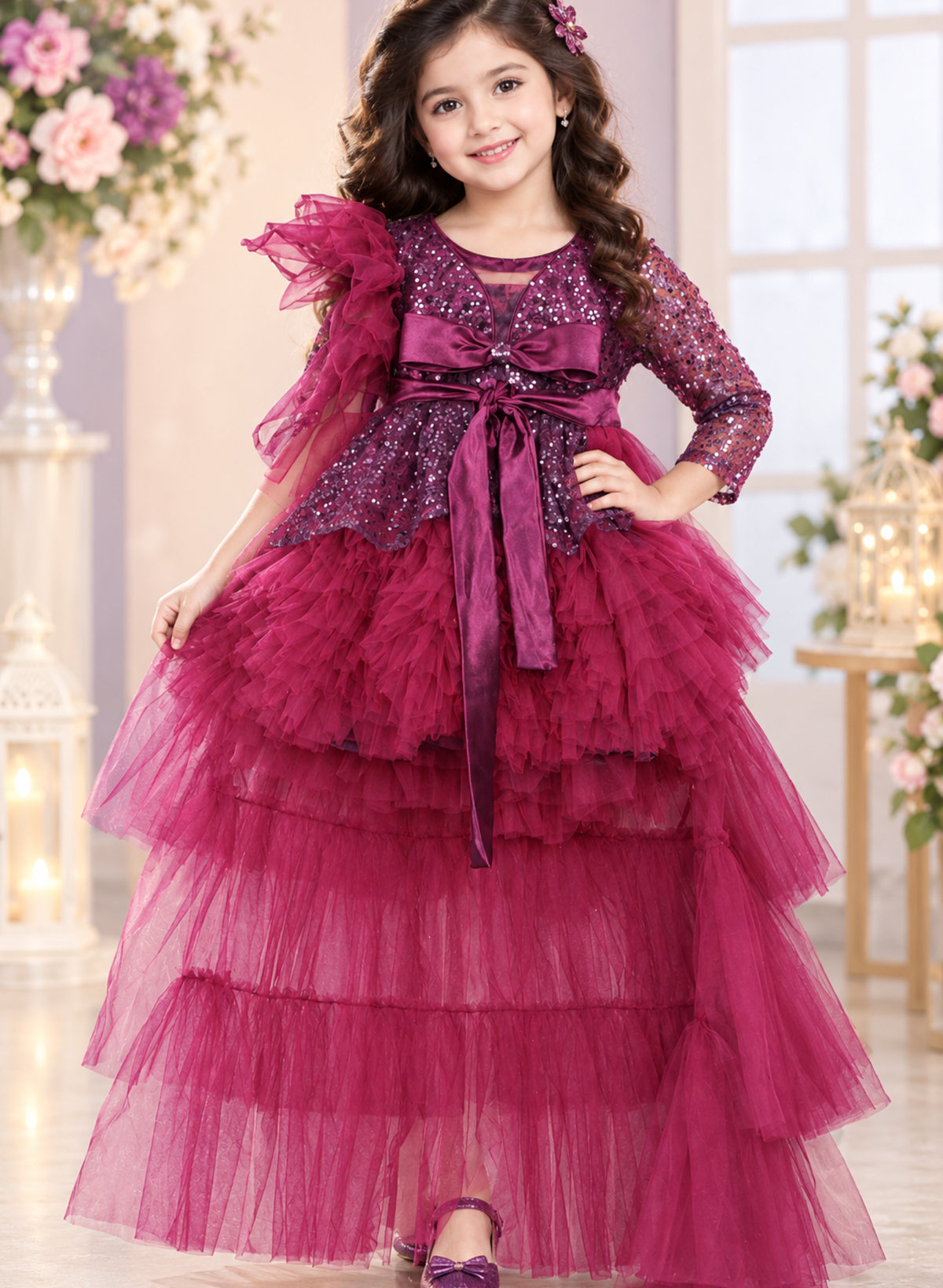 Wine Ruffled Dress With Ruffled Trail