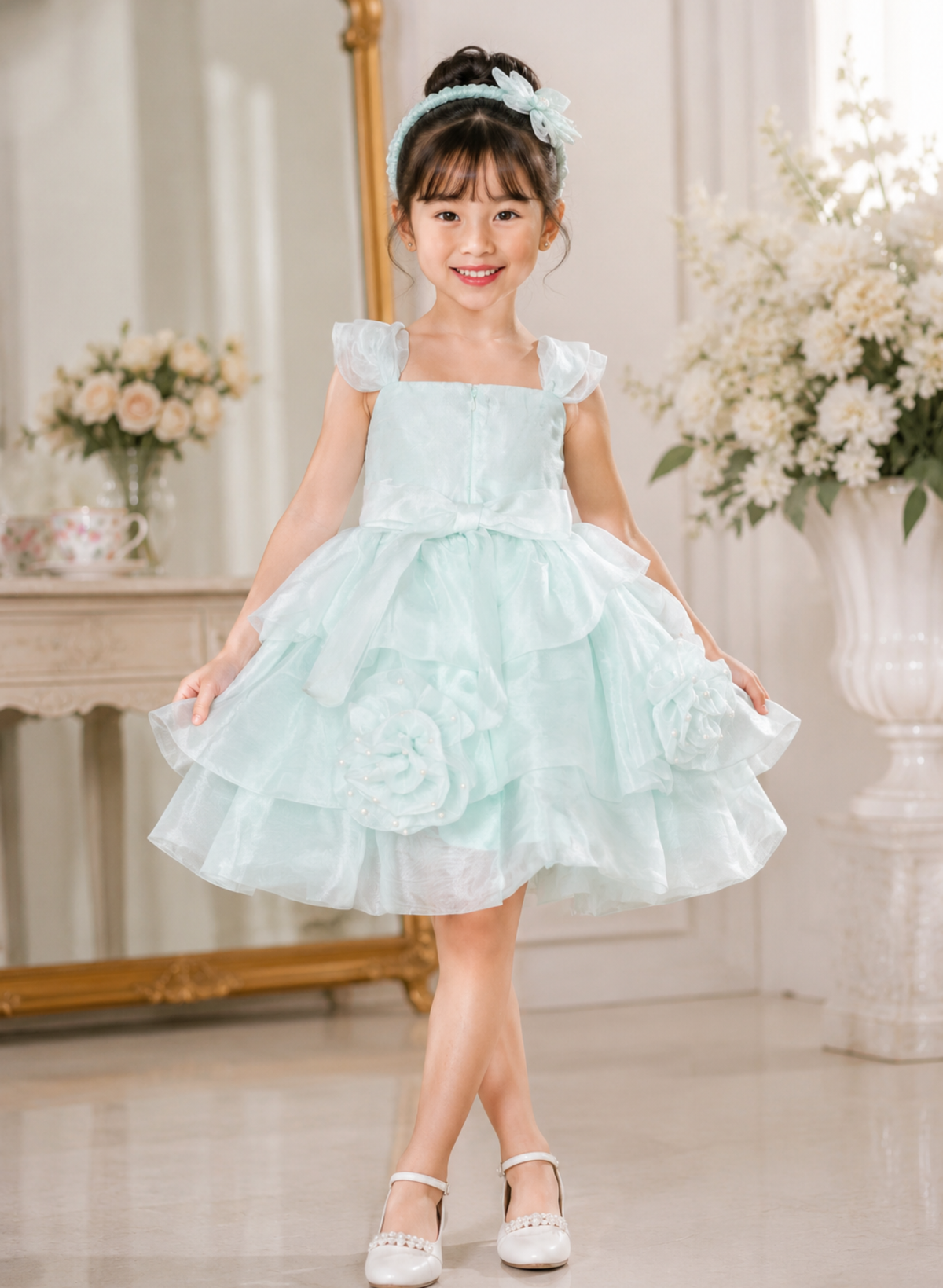 Pastel Green Organza 3D Flower Dress
