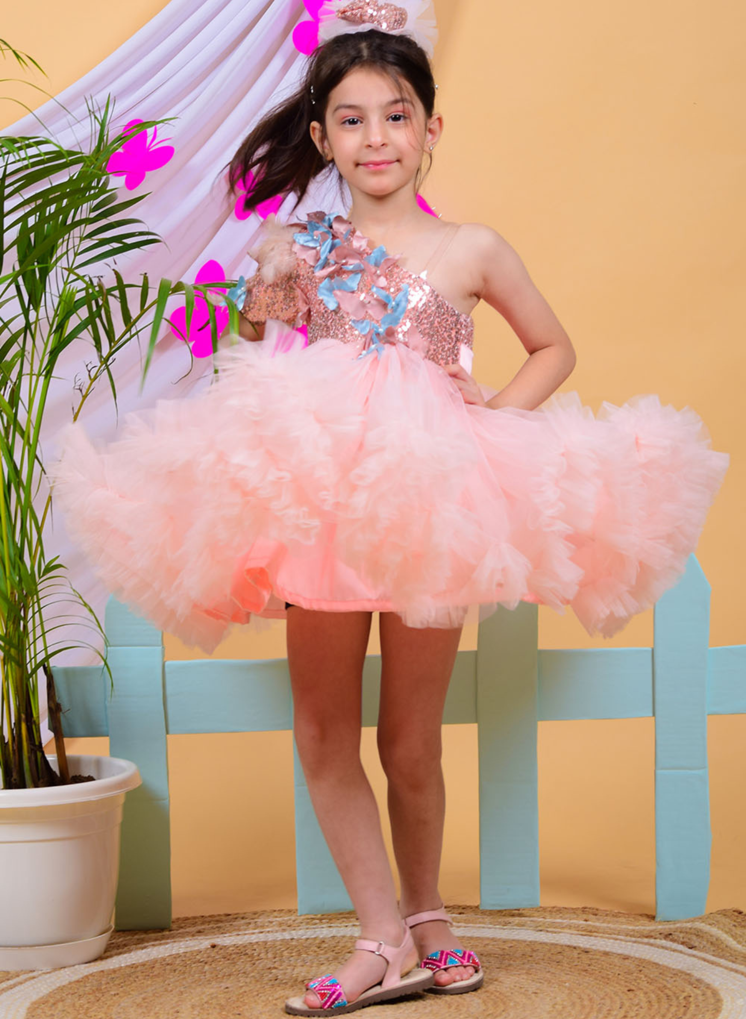 Nude Pink Butterfly Dress with Trail