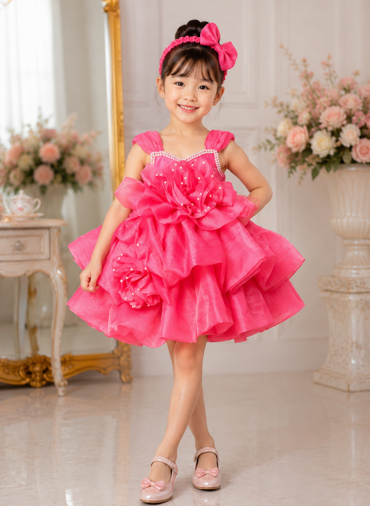 Pink Organza 3D Flower Dress