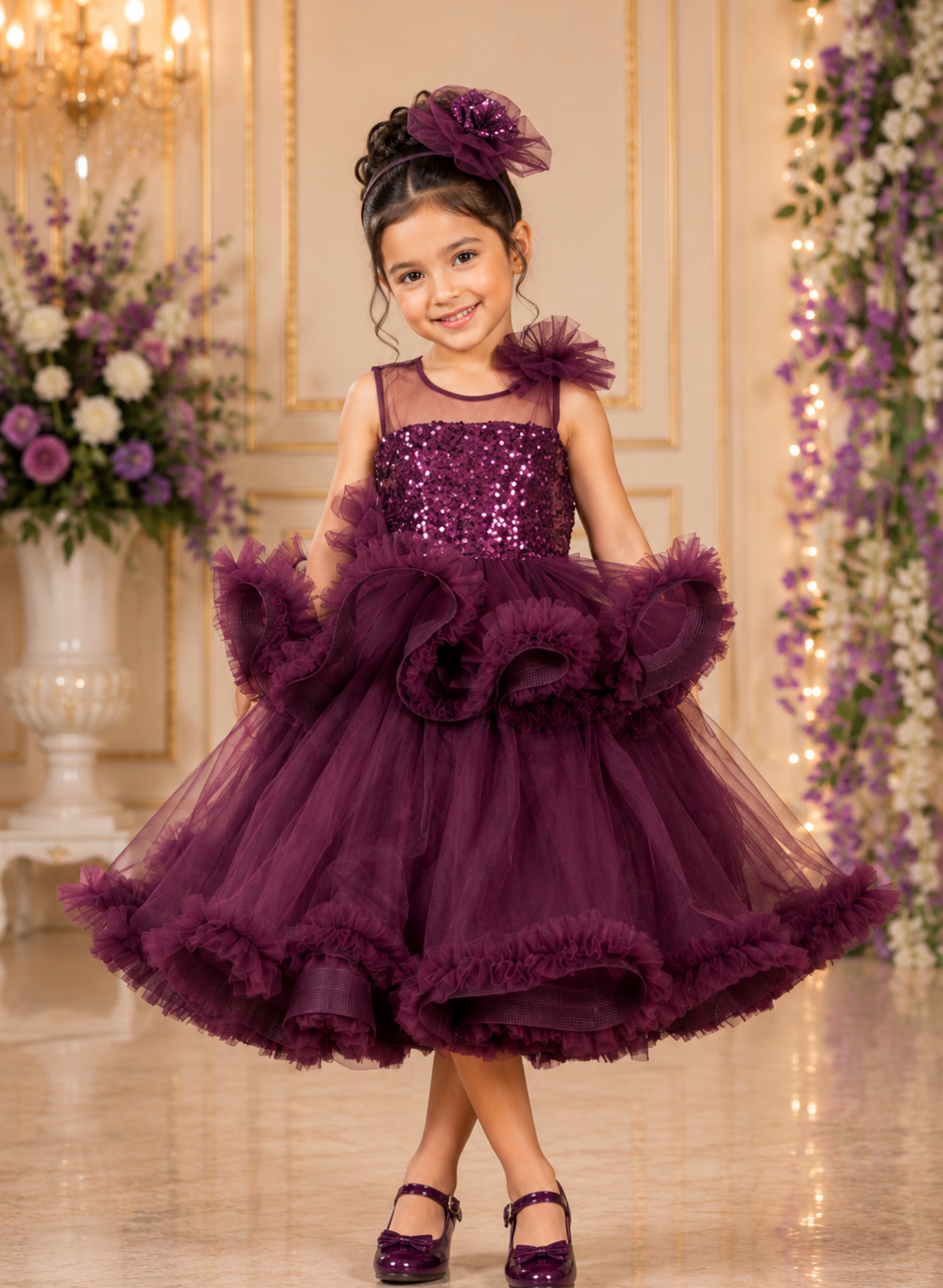 Wine Double Layered Net Gown