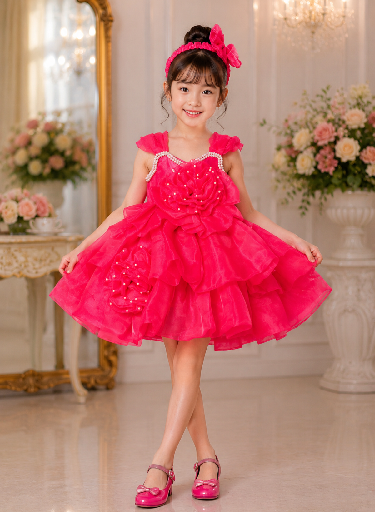 Hot Pink Organza 3D Flower Dress