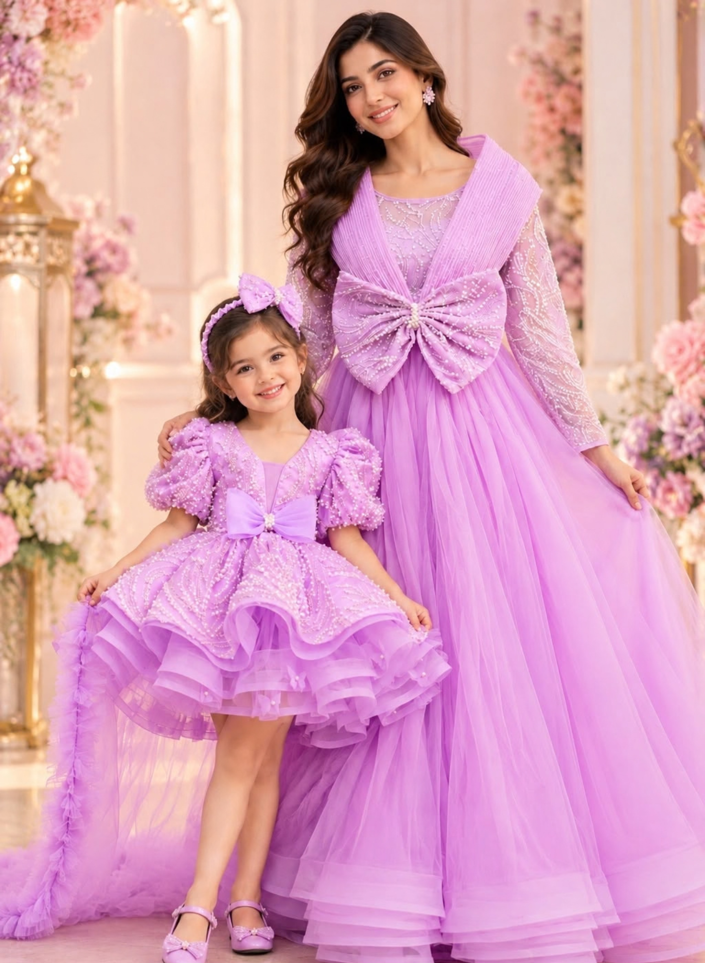 Lavender Mother Daughter Matching Party Wear Dress