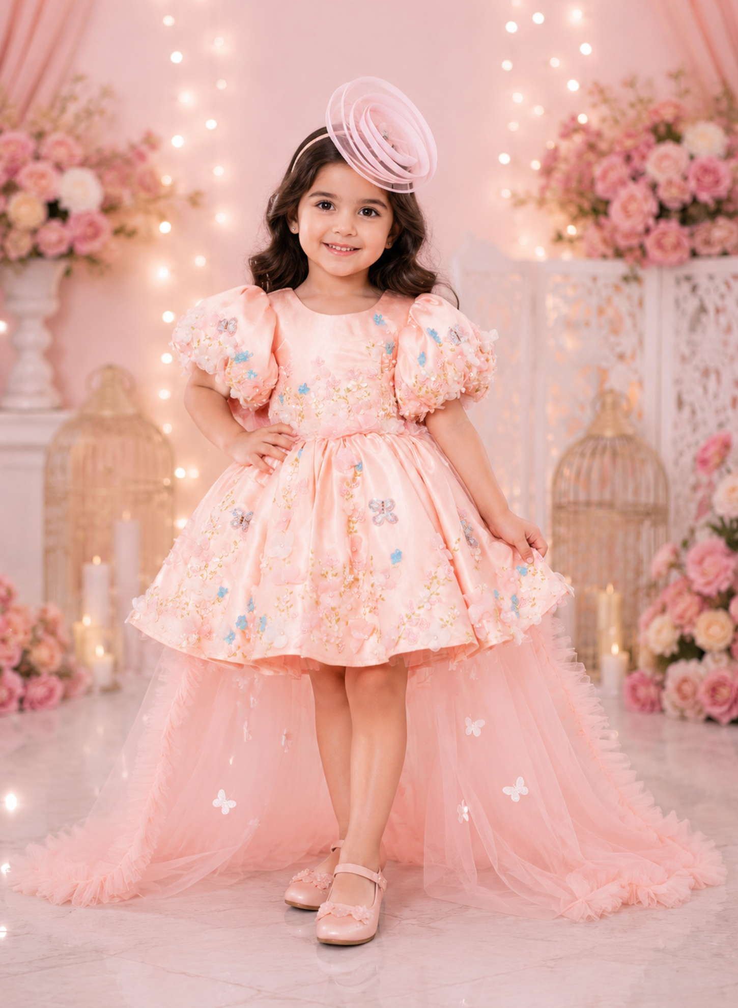 Light Peach Hand Embroidered Dress with Back Bow
