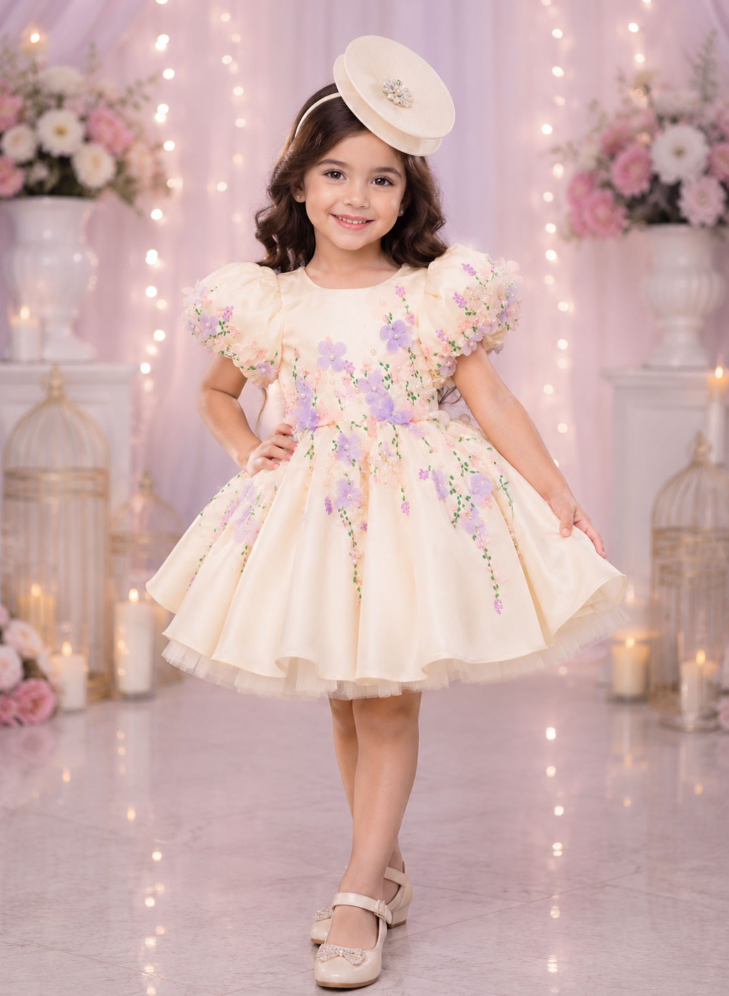 Off White Satin Hand Embroidered Dress with Back Bow