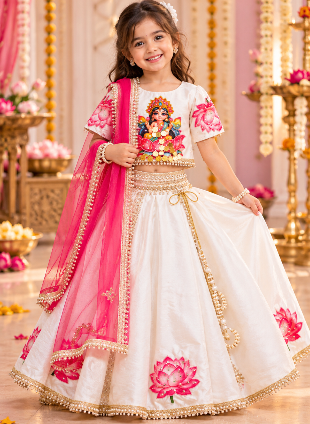 White and Pink Lotus Embroidered Lehenga Choli for Girls