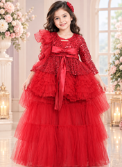 Maroon Ruffled Dress with Ruffled Trail